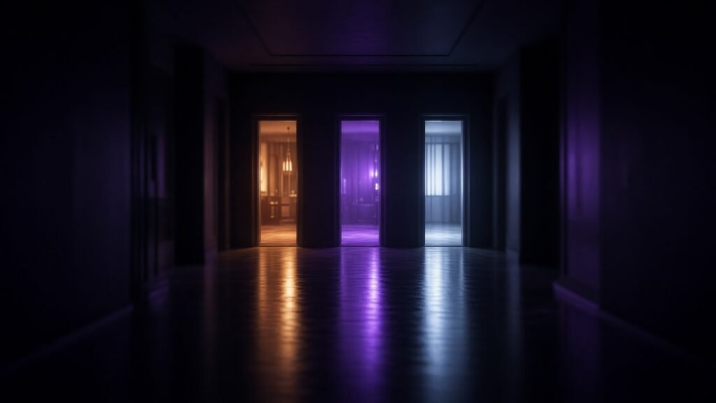 Pasillo oscuro con tres puertas iluminadas en ámbar, violeta y azul pálido