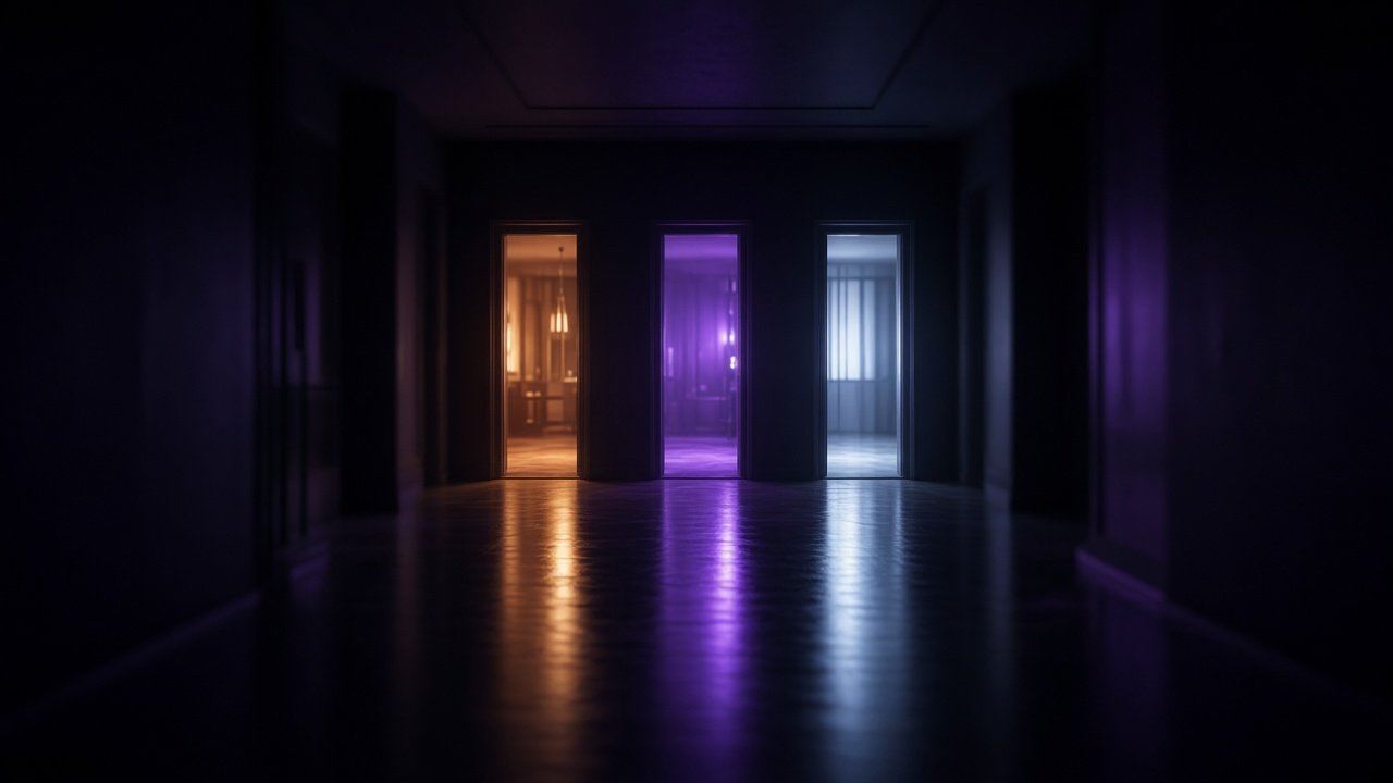 Pasillo oscuro con tres puertas iluminadas en ámbar, violeta y azul pálido