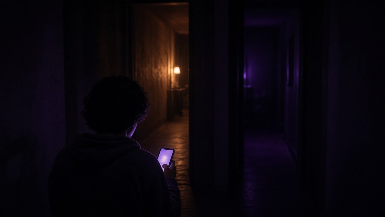 Persona de espaldas en una habitación oscura con un celular encendido, frente a dos pasillos: uno con luz ámbar y otro en sombra violeta