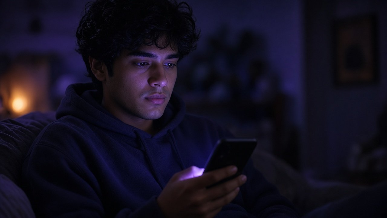 Persona leyendo una historia interactiva en el celular de noche